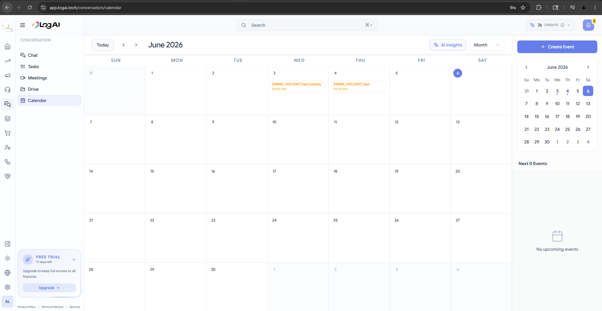 LogAI calendar view with bookings and events for a service business in a monthly layout