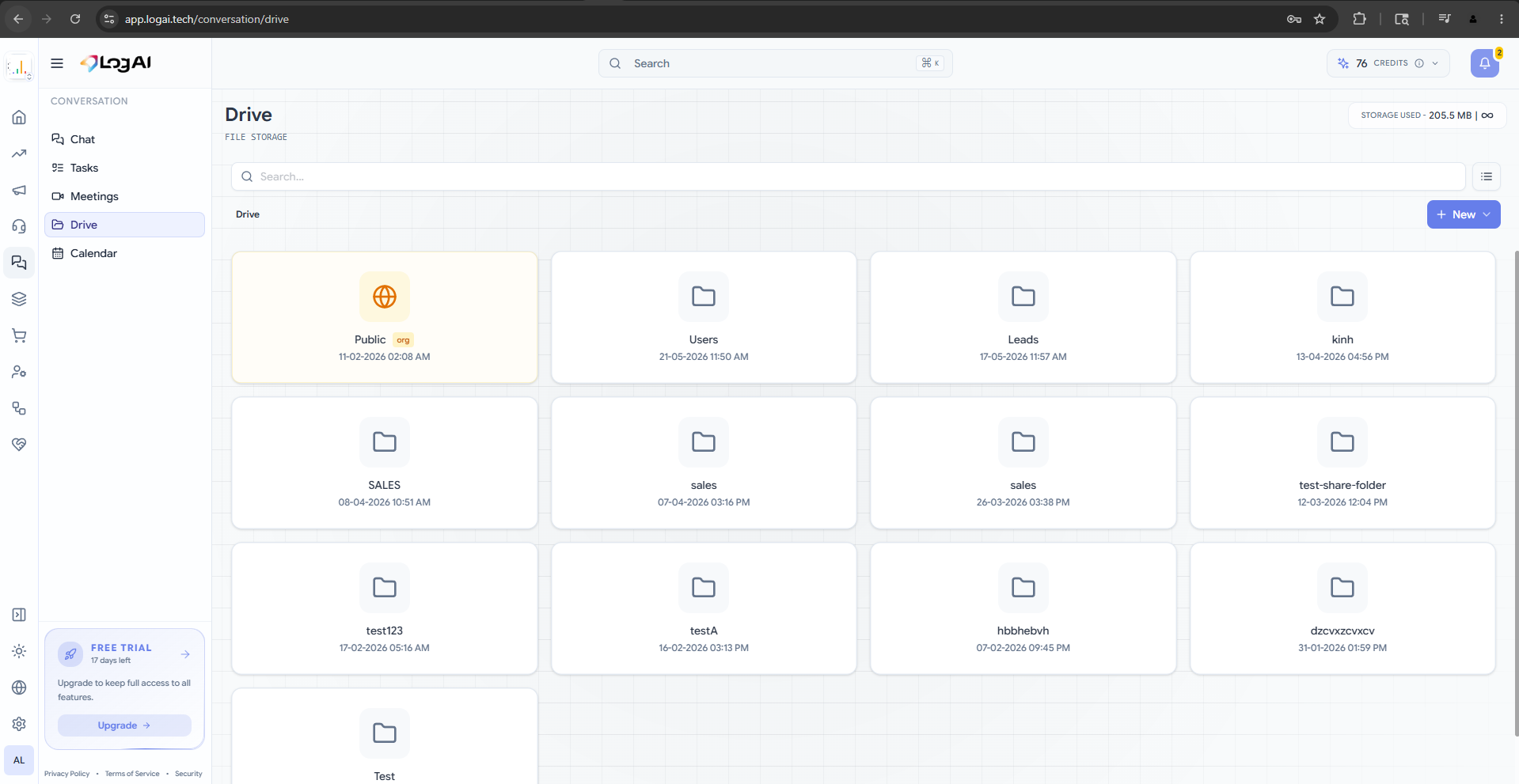 LogAI Drive holding imported folders for sales, leads and users after migrating from Tally, Zoho and spreadsheets