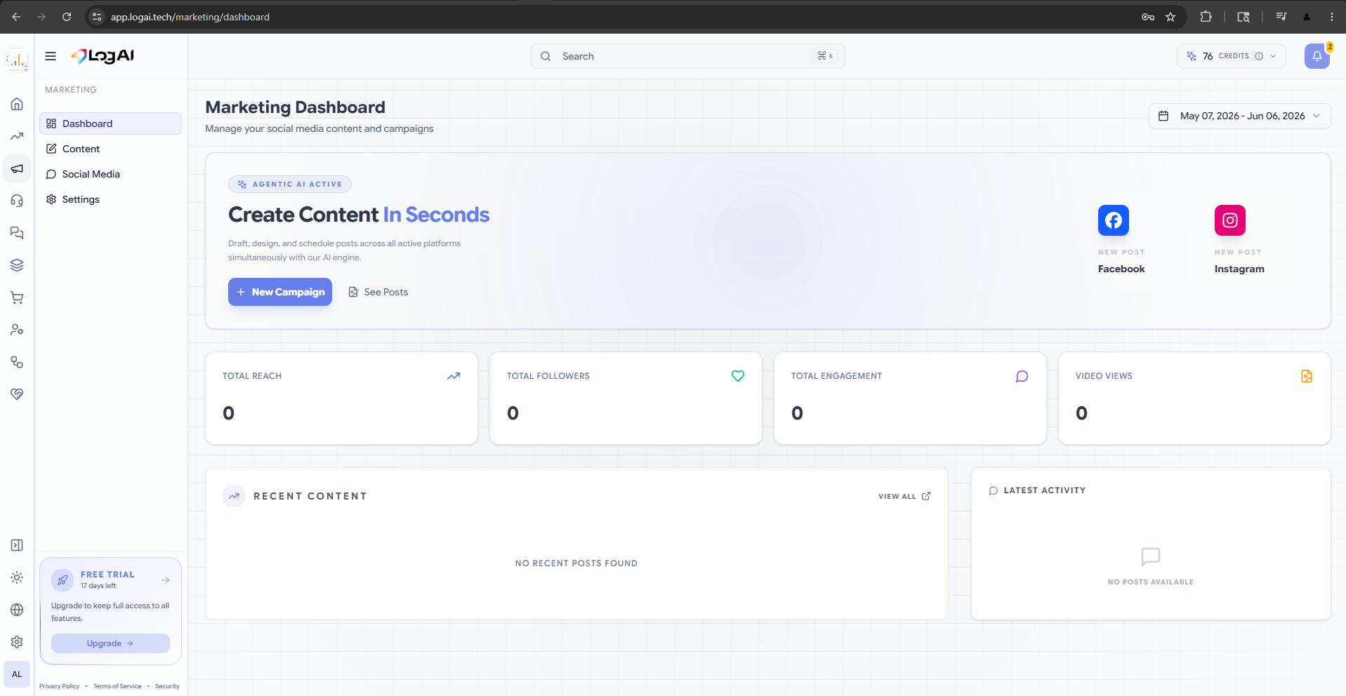 LogAI AI-powered marketing dashboard — create content for Facebook and Instagram in seconds with the AI engine