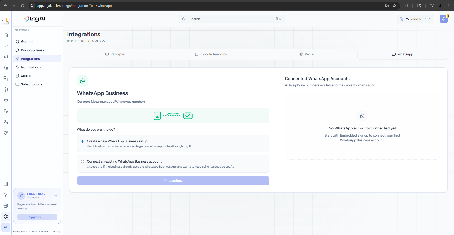 LogAI WhatsApp Business integration screen for connecting Meta-managed WhatsApp numbers to the CRM