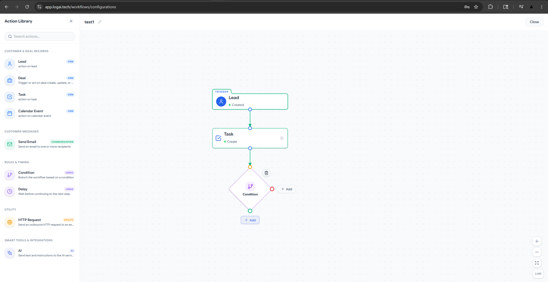 LogAI AI workflow automation builder — lead trigger flowing into task, condition and AI actions